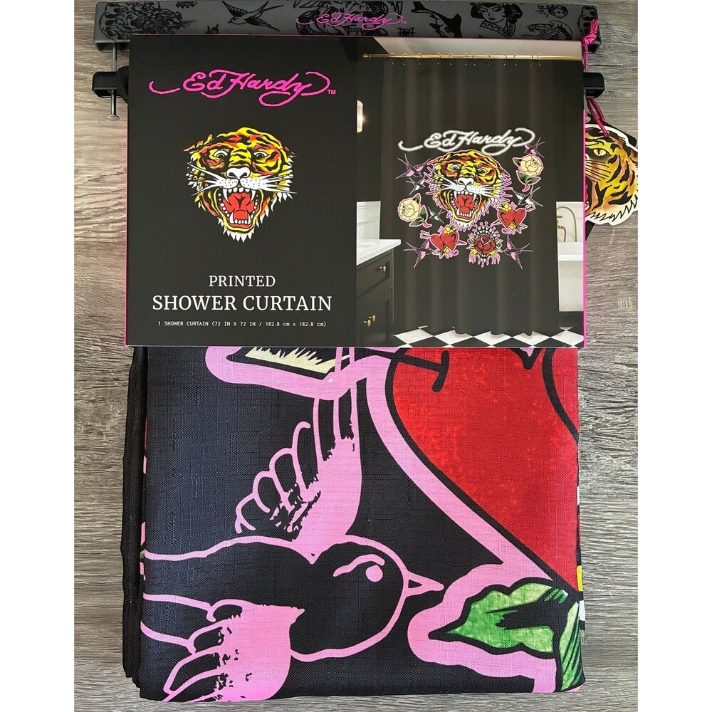 Ed Hardy Colorful Tattoo Tigers Roses Hearts Birds Black Shower Curtain NWT